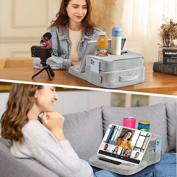TabCouchCaddy - Couch Cup Holder Tray Pillow - Bed, Couch Caddy, Sofa, RV & Car - Holds Drinks, Snacks, Remotes, Phones, Kindle, Tablet | Bed Cup Holder (Grey) - Image 6