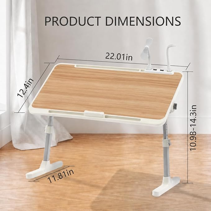 Laptop Desk for Bed, Height & Angle Adjustable Lap Desk with USB Cooling Fan, LED Light and USB Ports, Foldable Portable Laptop Table for Couch, Sofa, Floor, Reading, Writing (Walnut) - Image 2