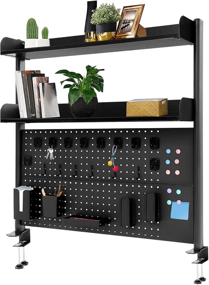 Clamp on Desk Pegboard, 39.4" W x 37.4" H Desk Extender Pegboard Bookshelf Computer Desk Accessories with Shelf for Tool Organizer Office, Privacy Panel for Gaming Desk, Black by Lemoeyes