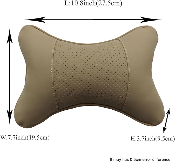 Car Neck Pillows Both Side Pu Leather 2pieces Pack Headrest Fit for Most Cars Filled Fiber Universal Car Pillow (Beige) - Image 3