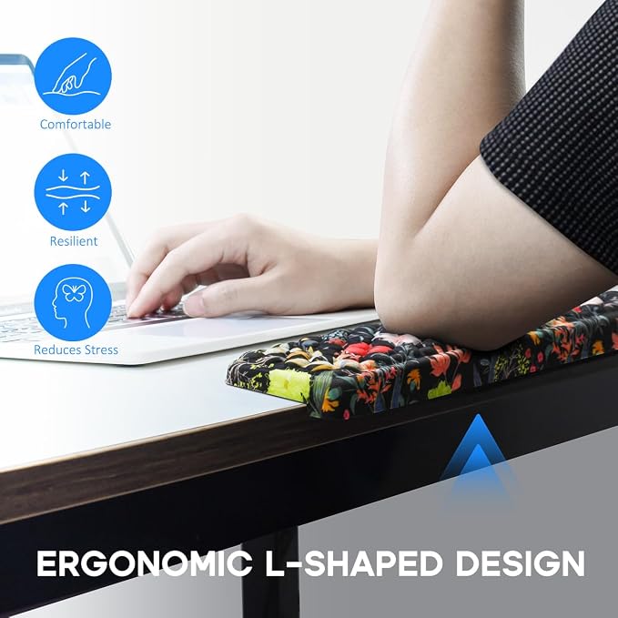 JIKIOU L-Shaped Desk Elbow Pad for Desk,Memory Foam Elbow Support Pad 2Pack | Massage Design, 14.9inch is 20% Longer for Comfort, Non-slip Rubber Base, Ergonomic Cushion for Pain Relief, Black Flowers - Image 3