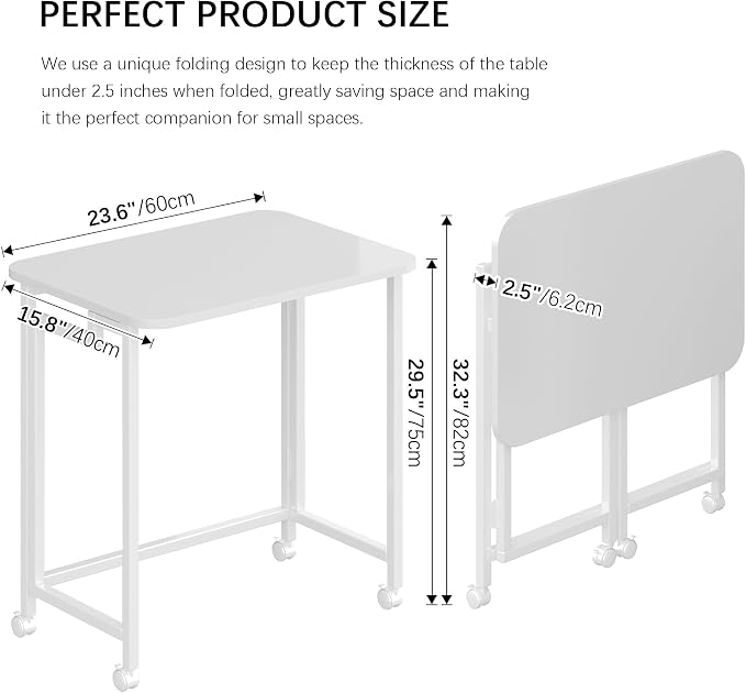 JSB Folding Desk for Small Spaces,Mobile Portable Rolling Laptop PC Table on Wheels,Foldable Computer Desk for Home Office,Bedroom,Dorm,Space Saving (All White, 23.6") - Image 2