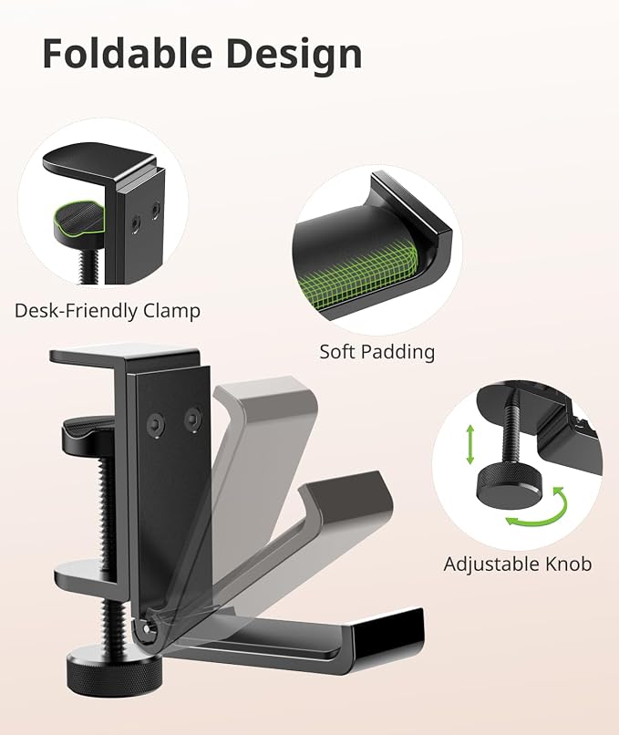 Kimiangel Headphone Stand Under Desk, Foldable Aluminum Headset Holder with Adjustable Screw Clamp, Headphone Hook Mount for Gaming Accessories, Space-Saving Under Table Headset Hanger - Image 3