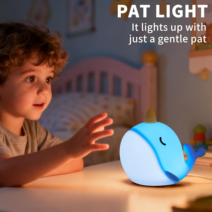 Narwhal Night Light, USB-C Rechargeable Silicone Lamp with Tap Control, 3-Level Dimming & 30-Min Auto Timer, 7-Color Changing Squishy Nursery Light, Birthday Gift for Kids - Image 5