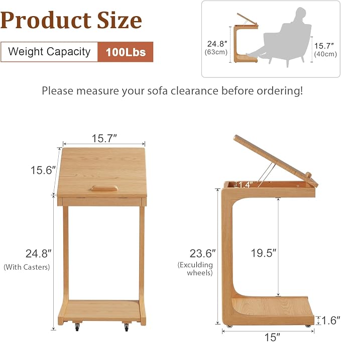 AQIMUELE Wooden C-Shaped End Table,Couch Table with Adjustable Desktop,Small Rolling Side Table with 2 Lockable Wheels,Small End Table for Couch, Living Room,Bedroom (Natural) - Image 6