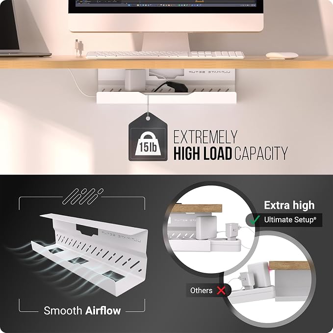 Under Desk Cable Management Tray no Drill – Wire Management - Cord Organizer – Huge Load Capacity – Under Desk Cable Tray no Drill (White, 1 Piece Set) - Image 4