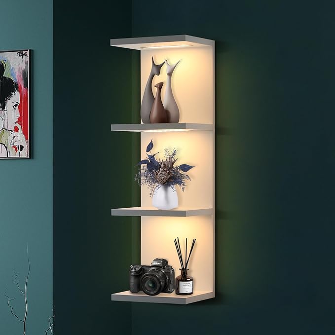VIWODS 4-Tier Wall Shelf Unit with Lights, White by VIWODS