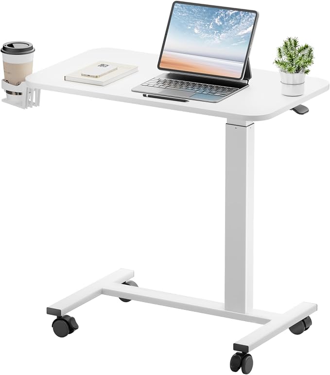GTPLAYER Small Standing Desk with Lockable Wheels, Pneumatic Mobile Rolling Laptop Desk,Adjustable Height Overbed Bedside Table Computer Workstation for Home Office (28" W x 16" D, White) by GTPLAYER
