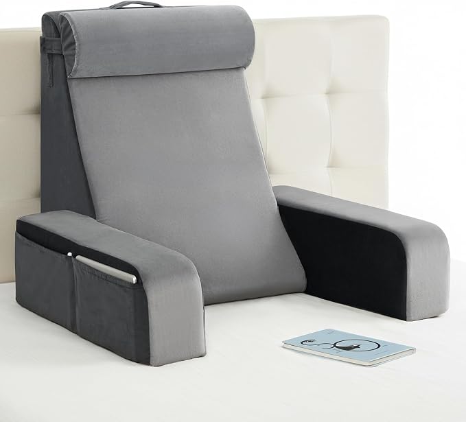 Vekkia 25" Reading Pillow for Bed with XL Side Pockets for Tall Adults | 60° Wedge Back Support, Built-in Armrests, Washable Cover, Idea for TV, Gaming, Working, Nursing,Recovery in Bed & Floor,Gray by Vekkia