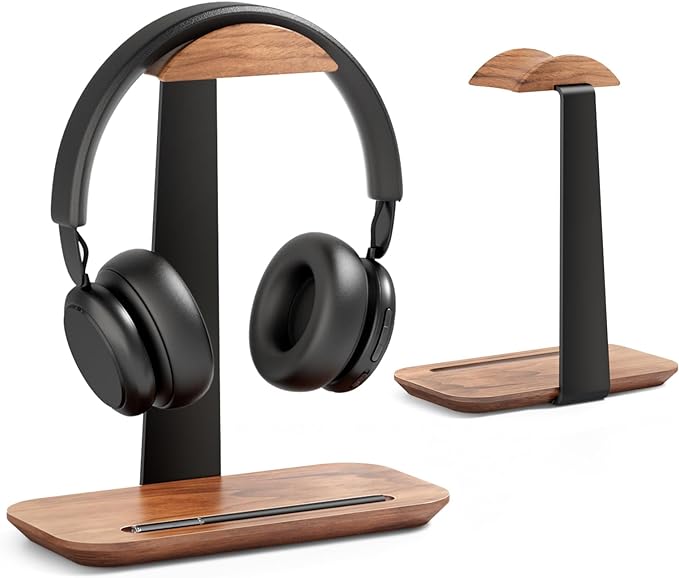 UPERGO Walnut Headphone Stand, Wood Headset Holder with Storage for Desk | Solid Walnut & Aluminum, Anti-Slip Base, Universal for Gaming Headsets & AirPods Max, Extra Storage Tray by UPERGO
