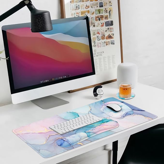 Keyboard Wrist Rest Large Mouse Pad Wrist Support for Computer, 4 in 1 Memory Foam Keyboard Pad Desk Mat Ergonomic Hand Rest Wrist Cushion for Home Office Gaming - Blue Marble - Image 6