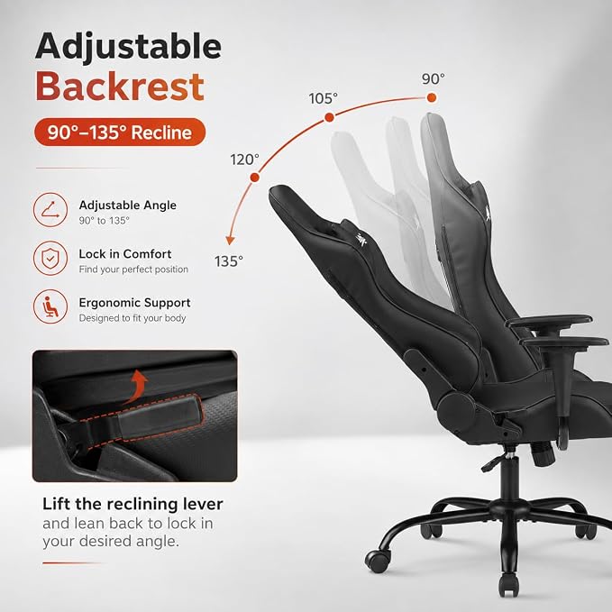 Gaming Chair Office Chair Desk Chair with Lumbar Support Headrest Armrest Task Rolling Swivel Ergonomic E-Sports Adjustable PC Gamer Chair Black - Image 4