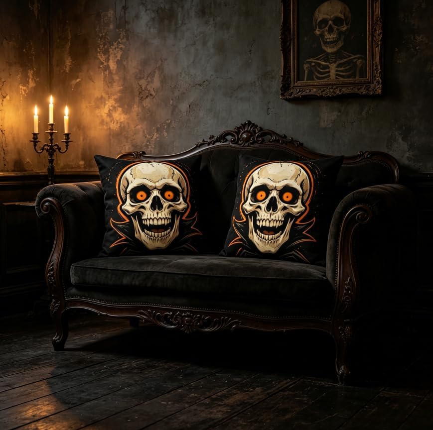 Halloween Skull Throw Pillow Covers, Linen, 18x18 Inch, Set of 2, Black and Orange Decorative Covers for Living Room - Image 5