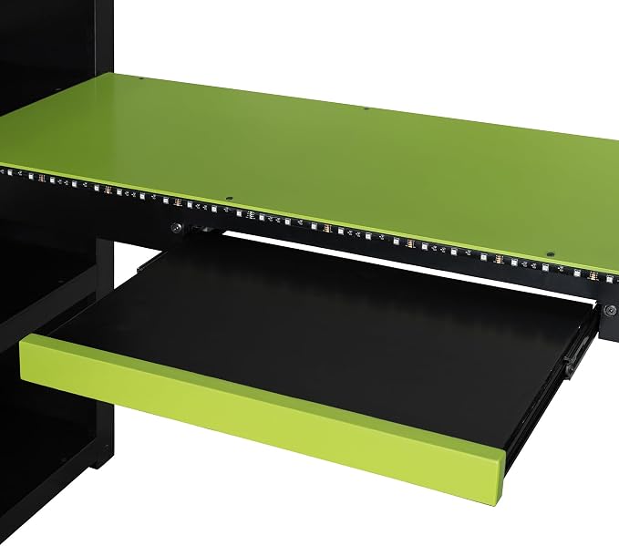Merax Full Size Gaming Loft Bed with Desk and RGB LED Lights, Pro-Gamer Bed with Power Outlet, Large Bookshelf, Pegboard, Keyboard Tray & Drawer, Green - Image 9