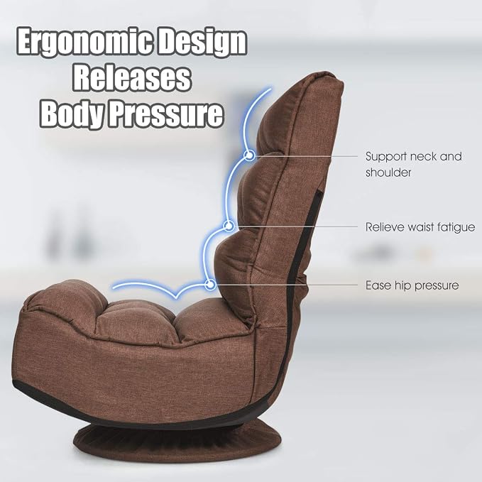 Giantex 360 Degree Swivel Floor Chair, Folding Floor Gaming Chair with 6 Positions Adjustable, Lazy Sofa Lounge Chair w/Tufted Back Support, Video Gaming Chair for Reading TV Watching (Brown) - Image 5