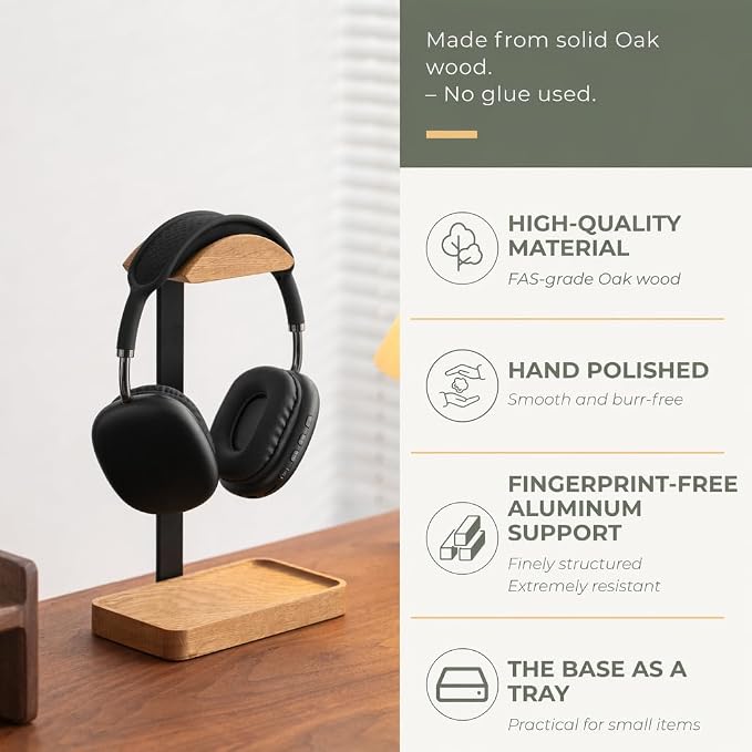 muso wood Oak Headphone Stand, Wood Headset Stand with Storage Base | Desk Holder for Gaming & Office, Compatible with AirPods Max, Bose, Razer Headsets - Image 5