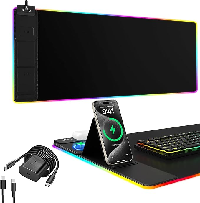 Wireless Charging RGB Mouse Pad with Phone Stand, Large Gaming Desk Mat (Black - 31.5x15.8 with PD Adapter) by miroddi