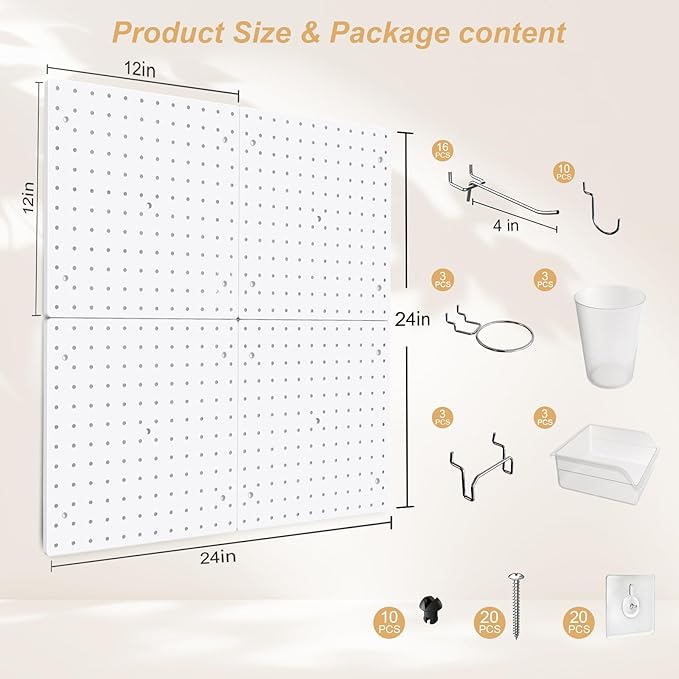 FZK Modular Plastic Peg Board Wall Organizer Kit, 12x12, White | Includes 26 hooks and 2 bins, adhesive or drill mounting, ideal for office, gaming room, garage - Image 3