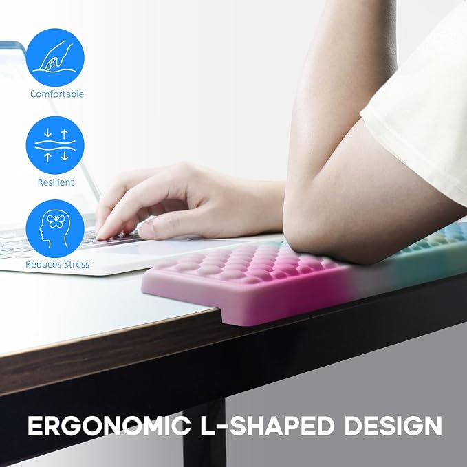 JIKIOU L-Shaped Desk Elbow Pad for Desk,Memory Foam Elbow Support Pad 2Pack | Massage Design, 14.9inch is 20% Longer for Comfort, Non-slip Rubber Base, Ergonomic Cushion for Pain Relief, Rainbow - Image 3