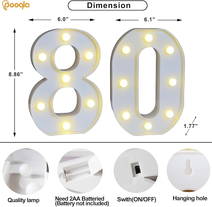 Pooqla 80th Birthday Decoration fors Her Him, 35 Colors LED Light Up Numbers with Remote, Multicolor Marquee Numbers 80 Sign for Party Backdrop 80th Birthday Gift, Lighted Number 80 - Image 5