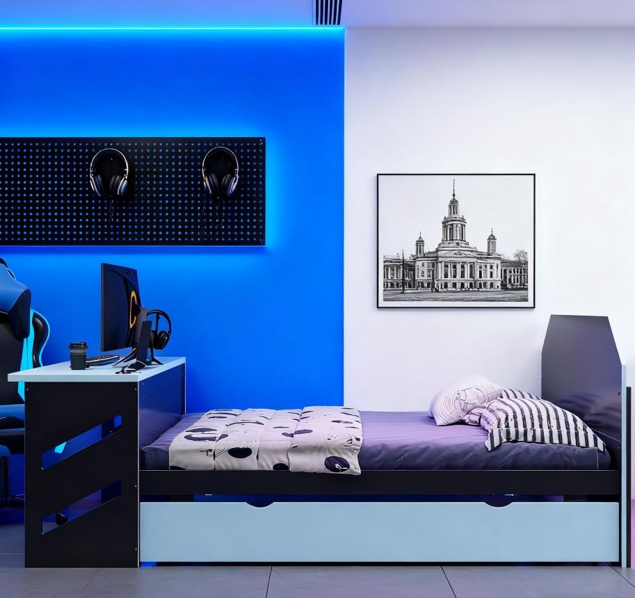 Bellemave Full Size Gaming Bed with Desk and USB and Twin Size Trundle, Wood Gamer Bed, Full Beds with Desk, Black+Cloud Blue - Image 3