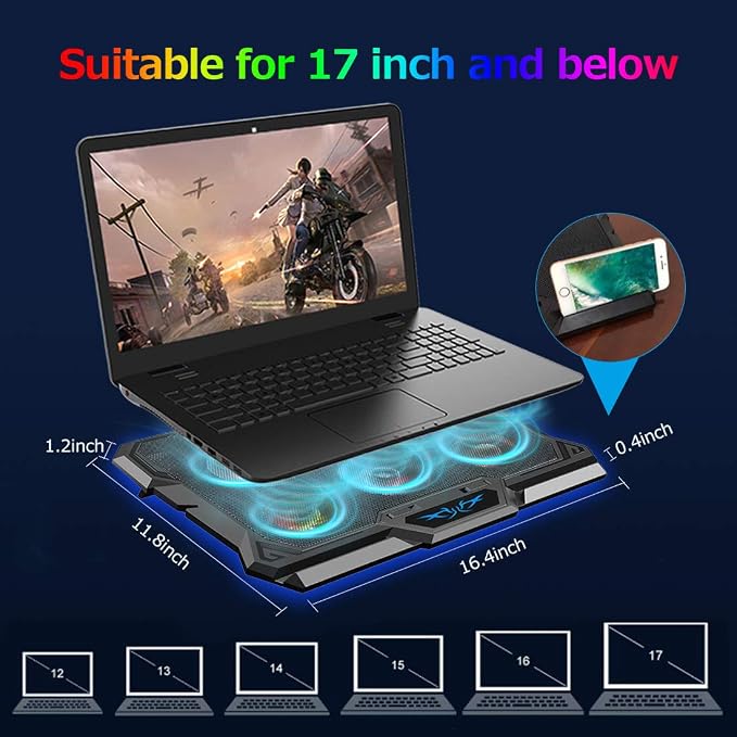 Laptop Cooling Pad, Laptop Cooler with 6 Quiet Fans RGB 7 Color Light for 15.6-17 Inch Laptop Cooling Fan Stand, Portable Slim USB Powered Gaming Laptop Cooling Pad, Switch Control Fan Speed(Black) - Image 7