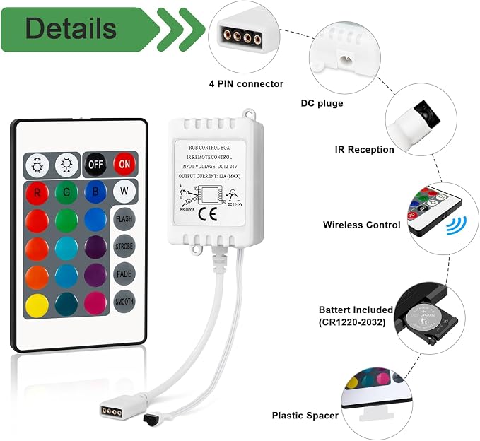 RGB LED Light Strip Remote Controller, 24 Key Wireless IR Remote Controller - Image 4