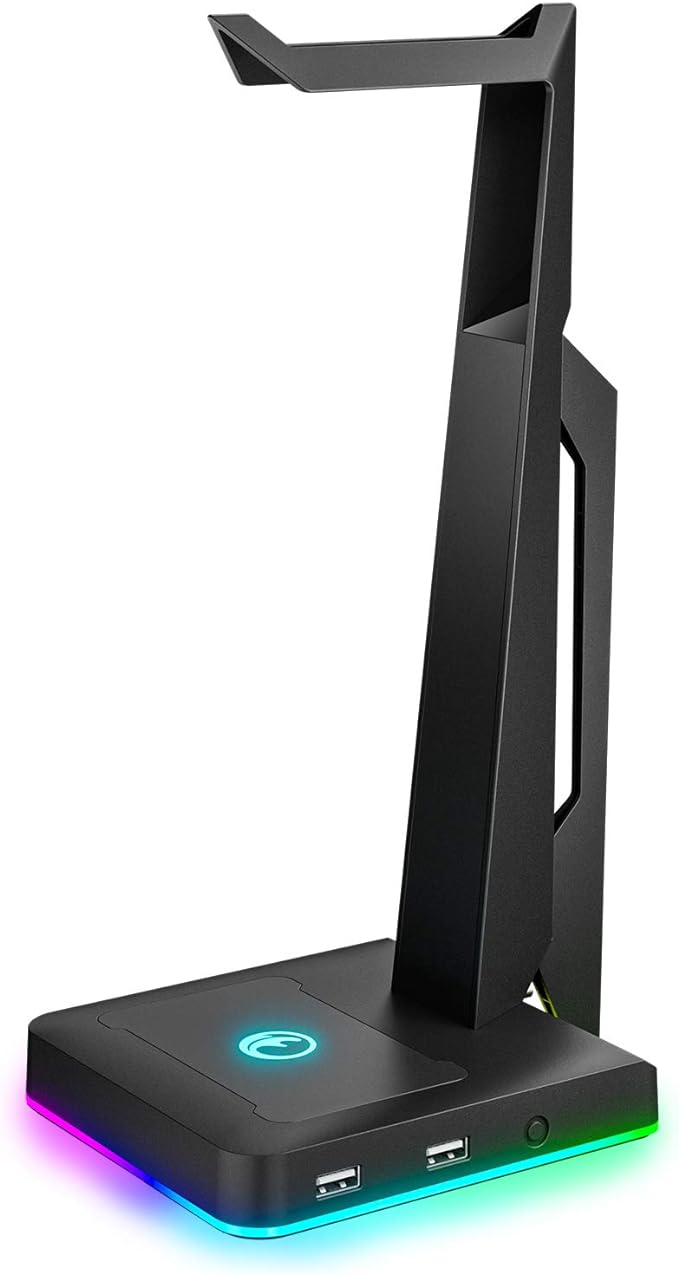 RGB Gaming Headset Stand with 2 USB Ports, Game Headphone Mount for PC, Xbox One, PS4, Switch, Earphone Holder Hanger, Great for Gaming Stations, Fancy Desk Gamer Accessories, Black by IFYOO