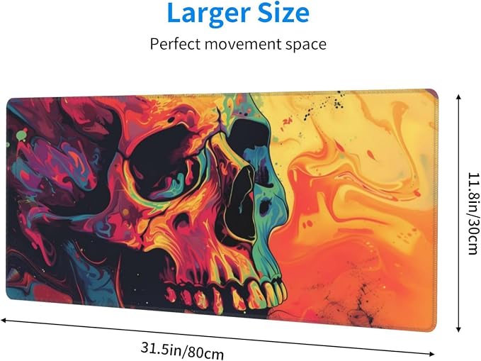 Gaming Mouse Pad Desk Pad,Extended Big Mouse Pad,31.5x11.8 Inch Long Computer Keyboard Mouse Mat Mousepad with 3mm Non-Slip Base and Stitched Edge for Gaming and Office… (Watercolor Skull) - Image 2