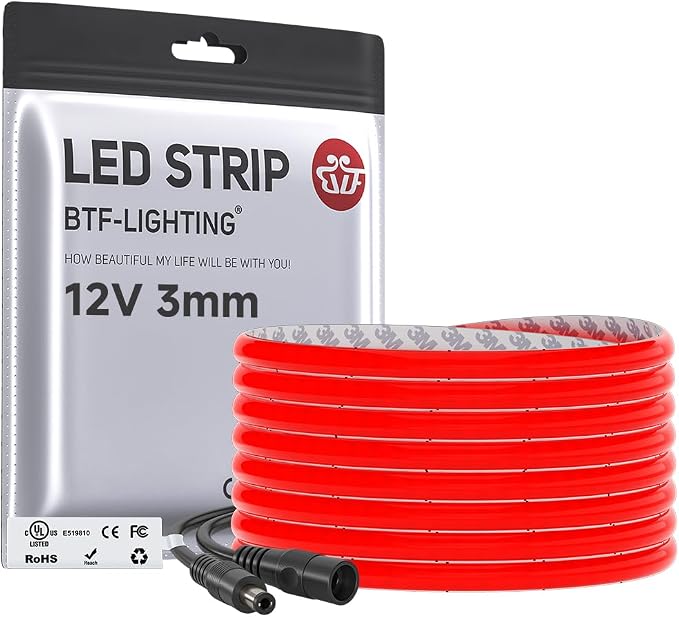 BTF-LIGHTING UL Listed Red Color 3mm Width FCOB COB LED Strip Light by BTF-LIGHTING