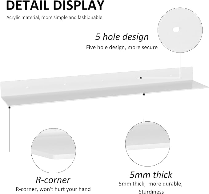 Sezanrpt 36 Inches Acrylic Wall Shelves 2 Pack, Floating Shelf for Wall Mounting, Acrylic Display Ledges for Funko Pop Figures, Home Décor, Living Room, Gaming Room, Plants(36 inch, White) - Image 4