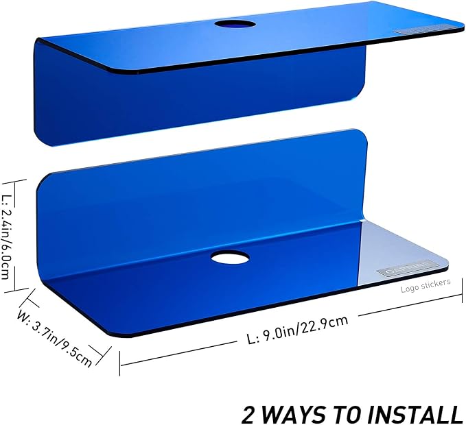 OAPRIRE Small Floating Wall Shelves Set of 2 - Personalize&Easily Expand Wall Space - 9 Inch Acrylic Wall Shelf for Bedroom, Gaming Room, Living Room, Bathroom, Office, with Cable Clips - Clear Blue - Image 3