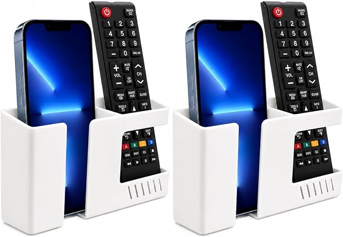 Strong Adhesive Wall Mount Phone Holder D3 Punch-Free Bedside Phone Shelf with Charging Port, Sticky Remote Control Storage Box, Bathroom & Kitchen Wall Organizer (2 Pack-White) by Unknown