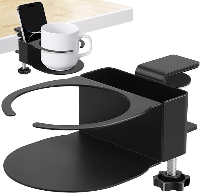 Desk Cup Holder for Coffee Mugs, Tumblers, Water Bottles with Mobile Phone Stand, Anti-Spill Metal School Home Office Accessories (Black-1) by Unknown