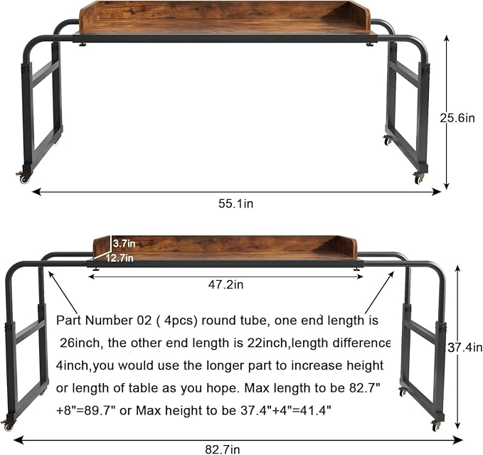 LINGMI Overbed Table with Wheels, Bed Desk Recliner Table(Rustic Brown) - Image 3