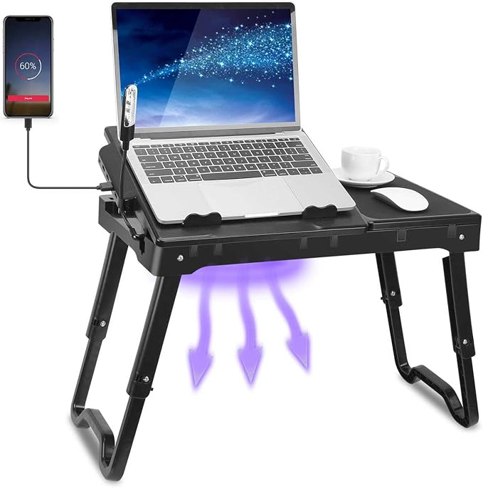 TeqHome Laptop Desk for Bed, Adjustable Table with Fan, Portable Lap Desk, Foldable Legs, Stand for Couch Sofa, Tray with LED Light, 4 USB Ports, Storage, Mouse Pad by TeqHome