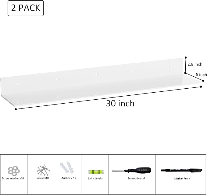 Sezanrpt 30 Inch White Floating Shelves for Wall Décor, Acrylic Storage Wall Shelf Holder, Wall Mounted Home Organizer Shelves with a Free Screwdriver, 2 Pack(30 Inch) - Image 3
