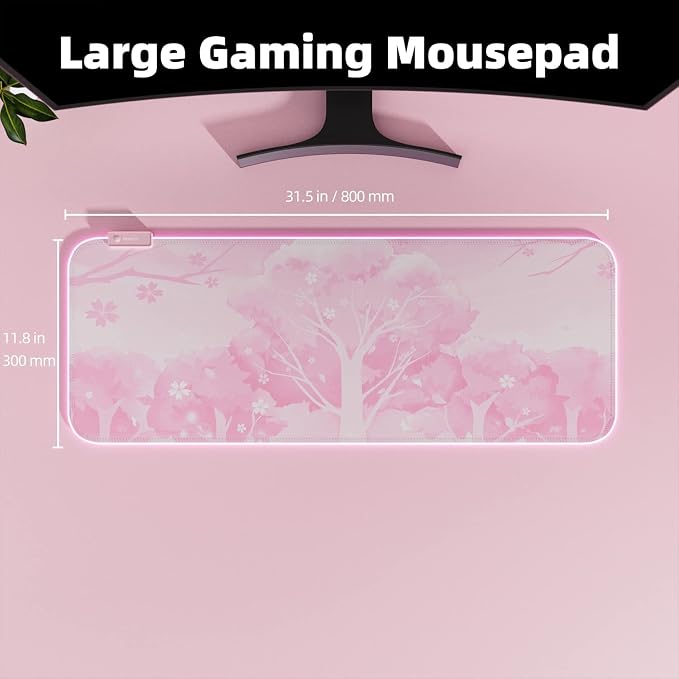 Pink RGB LED Gaming Mouse Pad, 14 Modes Glow Pad, Extra Large Gaming Mousepad,Waterproof Rubber Non Slip Cute Sakura Mat, Extended Big Keyboard and Mouse Pad Mat for Gamer Office Home, XXL 800×300×4mm - Image 4