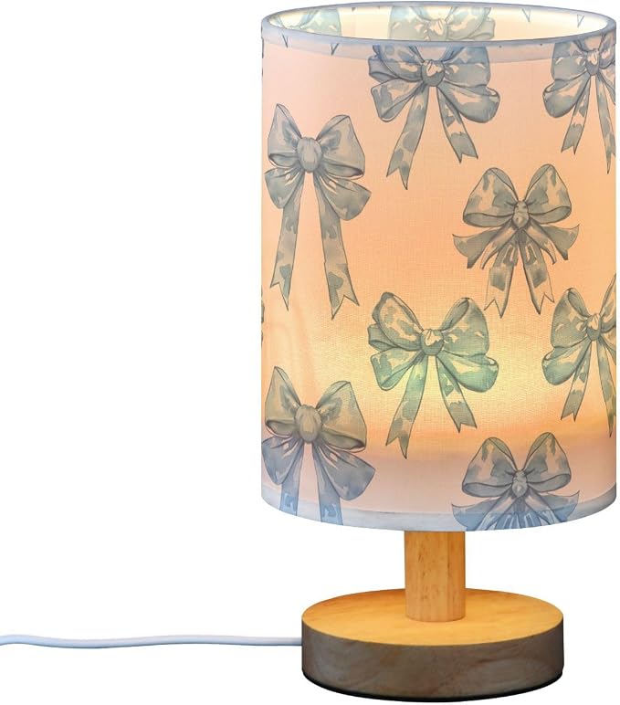 Bedside Table Lamp Blue Bows Printed Nightstand Lamp with Wood Desk Lamps for Bedroom Living Room Nursery Office Home Decor - Image 2