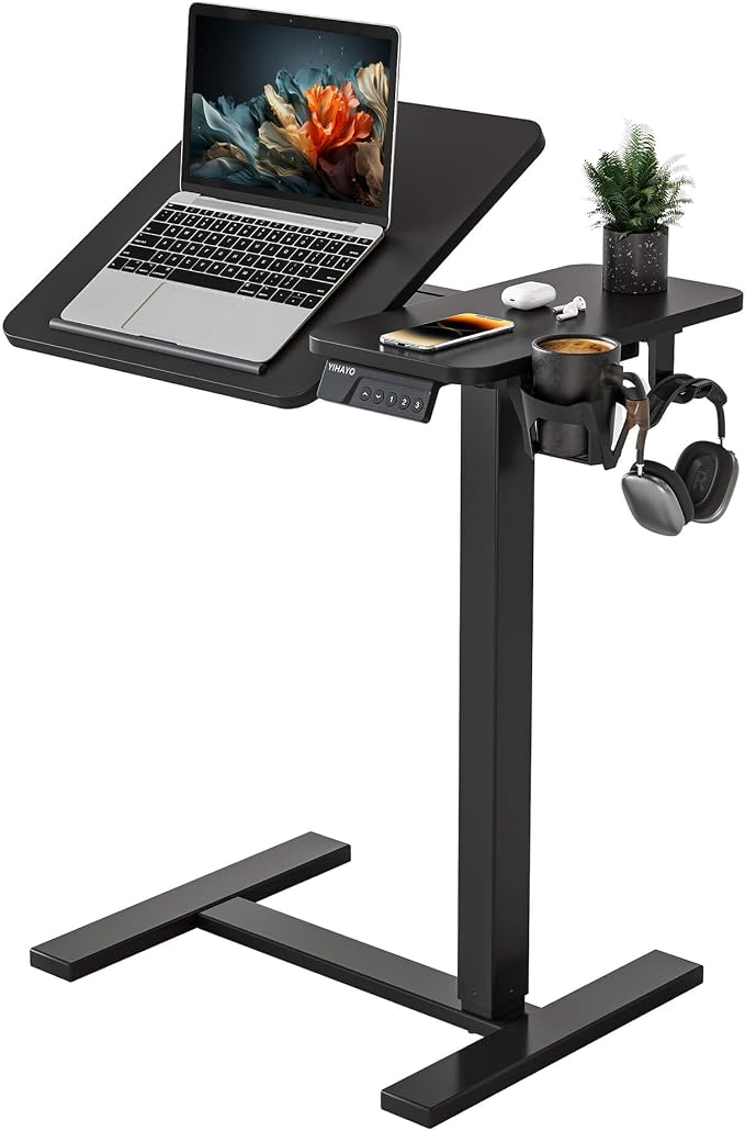 YIHAYO Adjustable Overbed Bedside Table with Wheels, 28 x 16 Inches Electric Mobile Standing Desk, Laptop Desk, Movable Overbed Tables Hospital Home Use, Black by YIHAYO