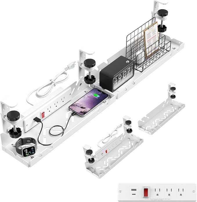 Extended Metal Under Desk Cable Management Tray with Power Outlet by CABTE
