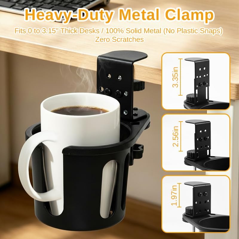 Desk Cup Holder, Clip-On Clamp for Gaming Desks, 360° Swivel Headphone Hook - Image 3