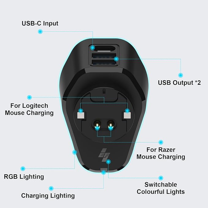 MOSHOU Charging Dock for Logitech Mouse G PRO X Superlight 2/1,G PRO X2 SUPERSTRIKE,G502/G502 X Lightspeed,G502 X Plus,G703/G903 Lightspeed,RGB Light,Computer Mice Powerplay Charging System(Black) - Image 4