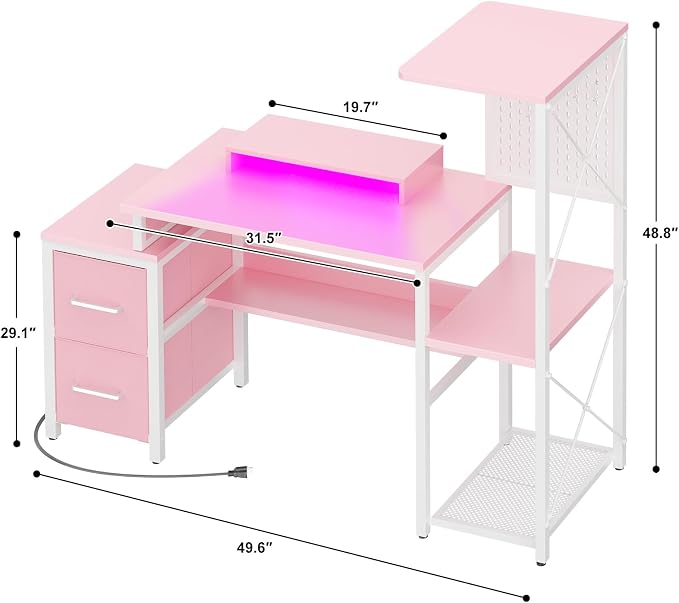 Small Gaming Desk with 2 Fabric Drawers - Reversible Computer Desk with Power Outlet & LED Lights, 49" Office Desk with Monitor Stand & Storage Shelves, Writing Study Table with Pegboard, Pink - Image 2