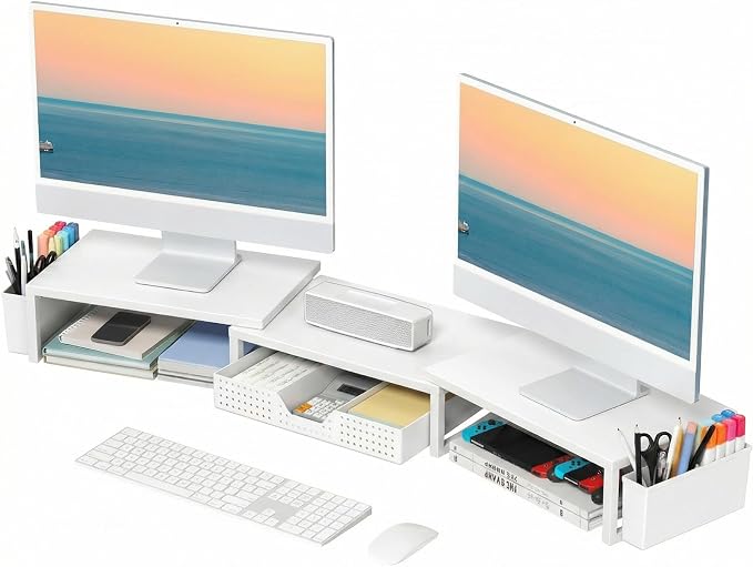 OPNICE Desk Organizers and Accessories, Dual Monitor Stand Riser with Drawer and 2 Pen Holders, Desk Shelf Computer Racks for Office Workspace Organizers, Desktop Organization (White) by OPNICE