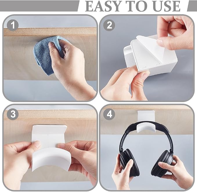 AHANDMAKER 2 Pack Headphone Stand for Desk Headphone Holder with Adhesive Gaming Headphones Hanger Under Desk Shelf Mounting Hooks for Bedroom Gaming Setup Organization, White - Image 3