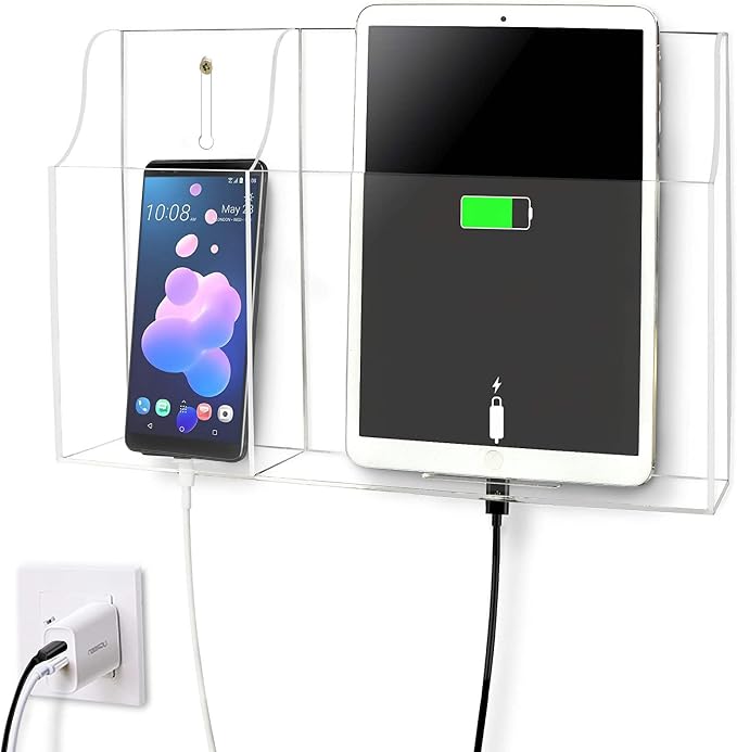 Clear Wall Tablet Holder Acrylic Wall Mounted Phone Holder for iPad, Remote Control Holder Laptop Stand for eReader Storage Caddy with Charging Holes for Kindle iPhone - Image 8