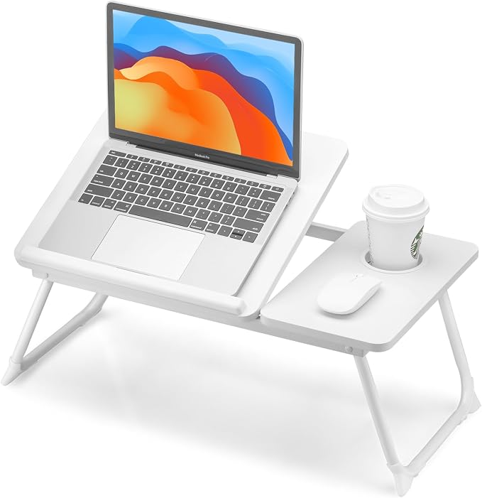 FISYOD Foldable Laptop Desk for Bed Couch, Adjustable Split Lap Desk with Cup Holder, Portable Lightweight Bed Table Tray, Heavy-Duty Laptop Stand for Working, Writing, Reading and Eating - White by FISYOD