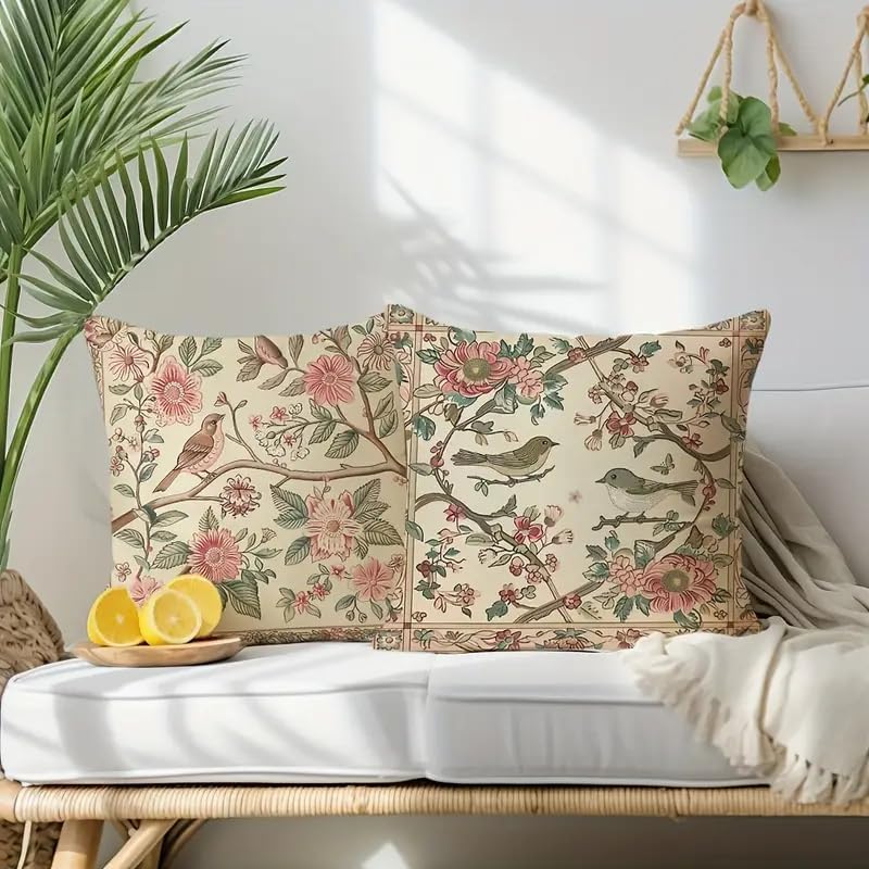 Vintage Floral Bird Print Decorative Throw Pillow Covers, Beige with Pink Flowers and Green Leaves, Traditional Garden Design, 2-Pack， 18x18 Pillows Linen Pillowcase - Image 5