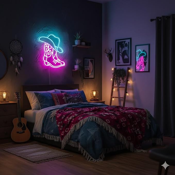 Cowboy Boot and Hat LED Neon Sign,Western Country Wall Decor for Bar, Man Cave, Garage,Pink White Aesthetic Rodeo Neon Light, Unique Christmas Birthday Gifts(13x15 in) - Image 2